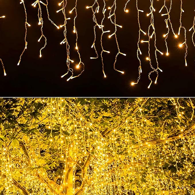 Dazzle Bright 360 LED Christmas Icicle Lights, 29.5 FT 8 Modes Curtain Fairy Lights with 60 Drops, Connectable Xmas String Lights for Outside Holiday Wedding Party Decorations (Warm White) (Pack of 2)