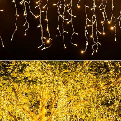 Dazzle Bright 360 LED Christmas Icicle Lights, 29.5 FT 8 Modes Curtain Fairy Lights with 60 Drops, Connectable Xmas String Lights for Outside Holiday Wedding Party Decorations (Warm White) (Pack of 2)