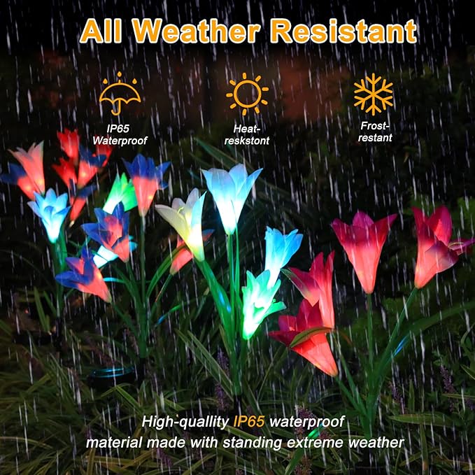 Garden 4 Pack LED Solar Flower Lights with More Realistic Lily Flowers Solar Garden Lights Outdoor Waterproof for Yard Patio Lawn Pathway Walkway Decoration 4-Pack Yellow & Pink & Blue & White Combo