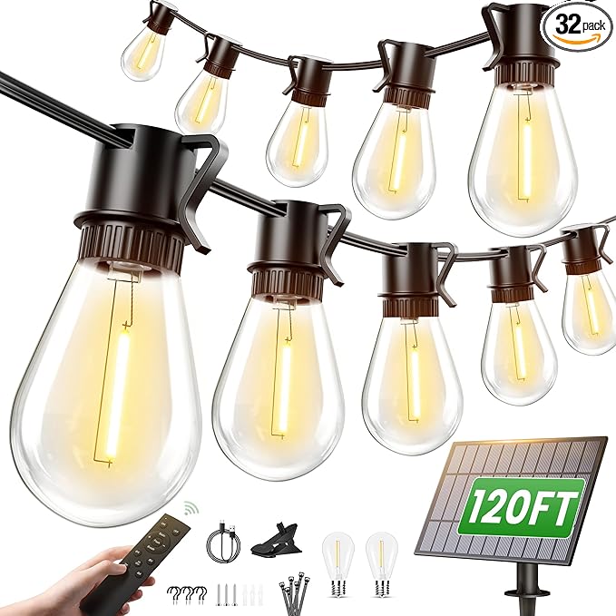 Torkase Solar String Lights Outdoor, 120FT 30+2 Shatterproof S14 LED Bulbs, Waterproof, USB Rechargeable, 2200K Warm White, Energy-Saving Hanging Patio Lights for Garden, Porch, Bistro, Deck, Market