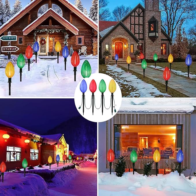 C9 Christmas Multicolor Pathway Lights, 7Ft Outdoor Christmas Pathway Markers Lights with 4 Jumbo C9 LED Multicolor Bulbs, Connectable Walkway Lights for Driveway Yard Garden