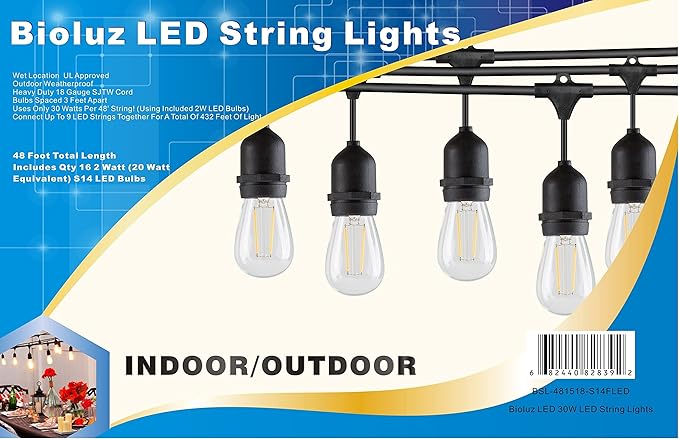 Bioluz LED Outdoor String Lights, 48' String Lights for Patio, Weatherproof with 15 Sockets with 16 Vintage LED Bulbs (1 Extra) for Porch Deck Bistro Garden Party UL Listed