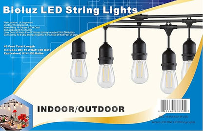 Bioluz LED Outdoor String Lights, 48' String Lights for Patio, Weatherproof with 15 Sockets with 16 Vintage LED Bulbs (1 Extra) for Porch Deck Bistro Garden Party UL Listed