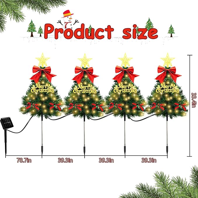 4 Pack Christmas Tree Solar Pathway Lights Outdoor Decorations, Waterproof Artificial Mini Xmas Tree Stake Lights with DIY Ornamets for Garden Yard Porch Decor (Green Tree)