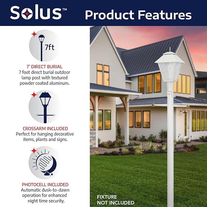 Solus 7-Foot Direct Burial Lamp Post – Aluminum Outdoor Light Pole with Decorative Cross Arm & Dusk-to-Dawn Sensor | Lumora