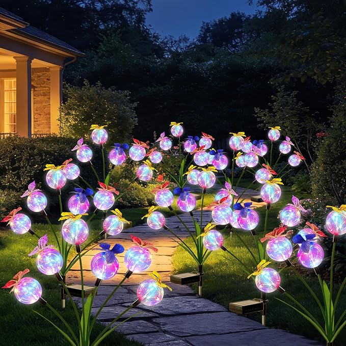 2 Pack Solar Outdoor Decorative Lights, Garden Lights Solar Powered with 12 Led Globe Lights and Butterflies, Gifts for Women Grandma, Solar Decorations for Garden Yard Lawn Ornaments (Butter Colored)
