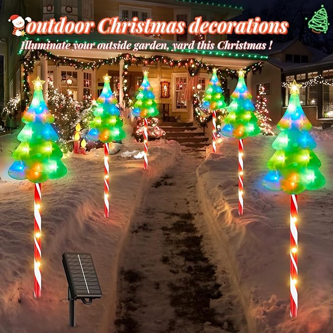 25" Larger Outdoor Christmas Decorations, 5 Pack Colorful Solar Candy Cane Christmas Tree Lights with 10 Lighting Modes and Bright 86 LED, Waterproof Solar Christmas Tree for Pathway Yard