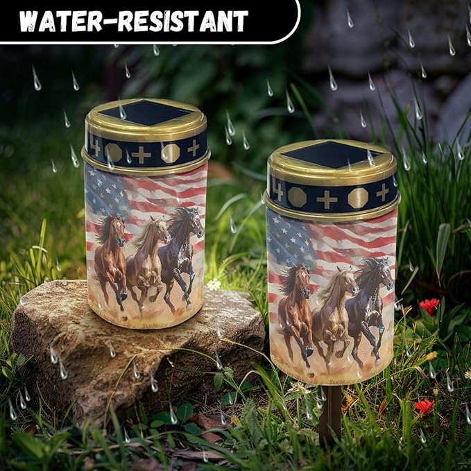 US Flag Horse Solar Lights Outdoor Garden Lights Waterproof Horse Pathway Lights Solar Powered Lantern Landscape Lighting LED Lantern for Outside Yard Patio