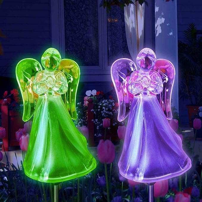 Outdoor Garden Set of 2 Pieces Solar Powered Garden Yard Stake (Color Change abilities) LED Light (Acrylic Angel)…