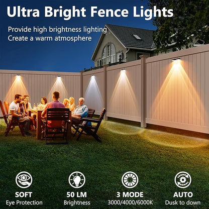 Solar Fence Lights Outdoor Waterproof Led, 3000K/4000K/6000K 3 Modes 50 Lumens Fence Lights Solar Powered for Wall/Patio/Outside/Post/Yard/Garden/Stair, Auto ON/Off Deck Lighting (8 Pack)
