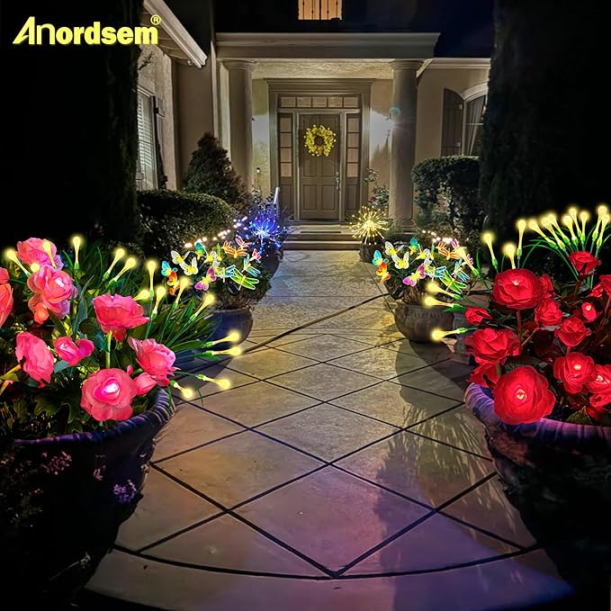 Anordsem Solar Garden Lights Outdoor: 10 Waterproof Fabric Roses 2 Pack - Red LED Flower Decorations for Yard Patio Path Cemetery Grave - Mother's Day Gifts for Her Women Mom Wife