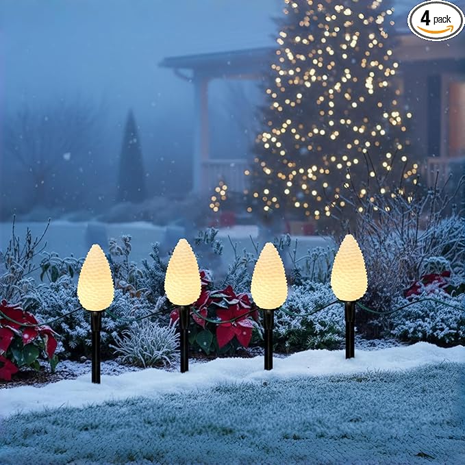 Christmas C9 Pathway Lights 7FT Pinecone, LED with 4 Stakes Connectable Holiday Commercial Warm White Light Decoration UL Listed - Green Wire