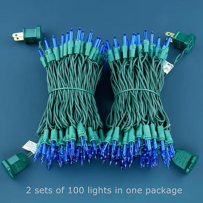 YULETIME 200 Blue Christmas Lights, Pack of 2 Sets 33 ft 100 Count Incandescent-Like LED String Lights (Blue)