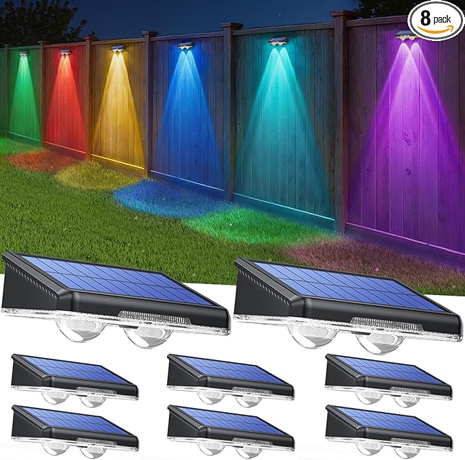 TECKNET Solar Fence Lights Outdoor 8 Pack, Warm White & 6 Colors & RGB, IP66 Waterproof LED Deck Light, Dusk to Dawn Fence Lights Solar for Wall, Railing, Step, Patio, Pool, Backyard, Outside