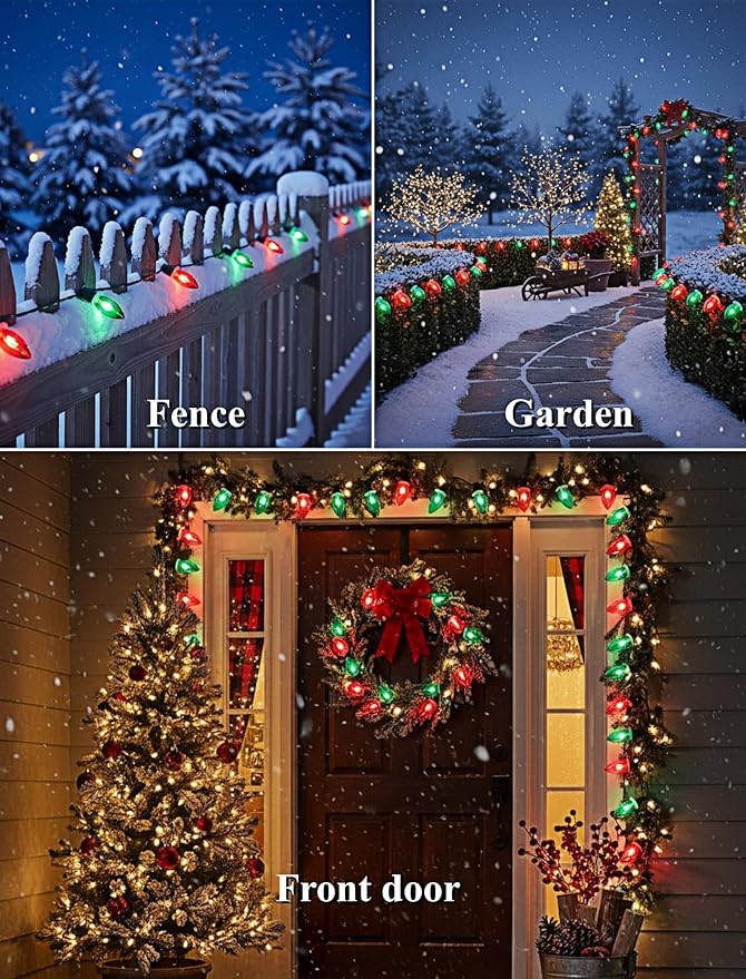 25ft Red and Green Outdoor Christmas Lights,C9 Vintage Christmas String Lights with 26 Red Green Bulbs(1 Spare),Waterproof Hanging Christmas Lights for Roofline Tree Backyard Decor