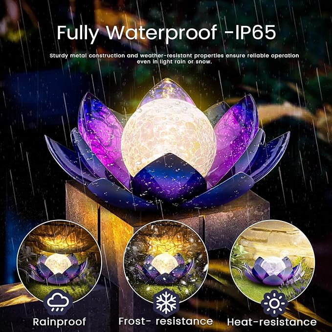 Huaxu Solar Lights for Outdoor Decor, Purple Lotus Flower Light, Waterproof LED Crackle Globe Glass Lamp for | Lumora