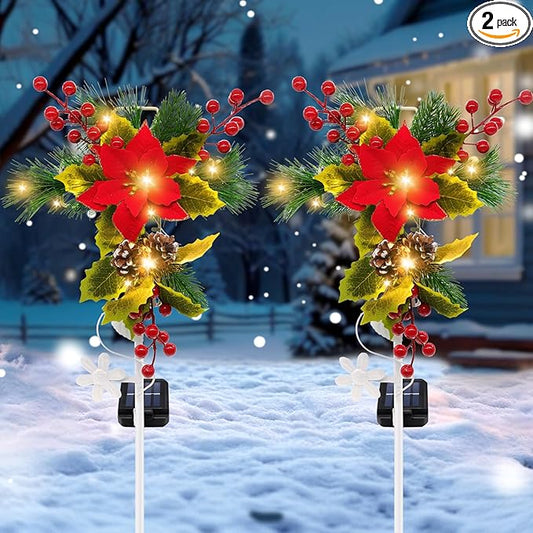 2 Pack Solar Christmas Decorations Outdoor, 32 Inch Solar Christmas Cross Stake Lights, Waterproof Grave Decorations with Poinsettia Flower Pinecones Red Berries for Garden Yard Patio Lawn Cemetery