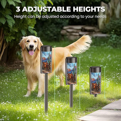 8 Pack Solar Pathway Lights Outdoor Waterproof Stained Glass Golden Sunset Western Border Design Solar Garden Lights LED Landscape Lighting for Yard Walkway Lawn Garden Decor
