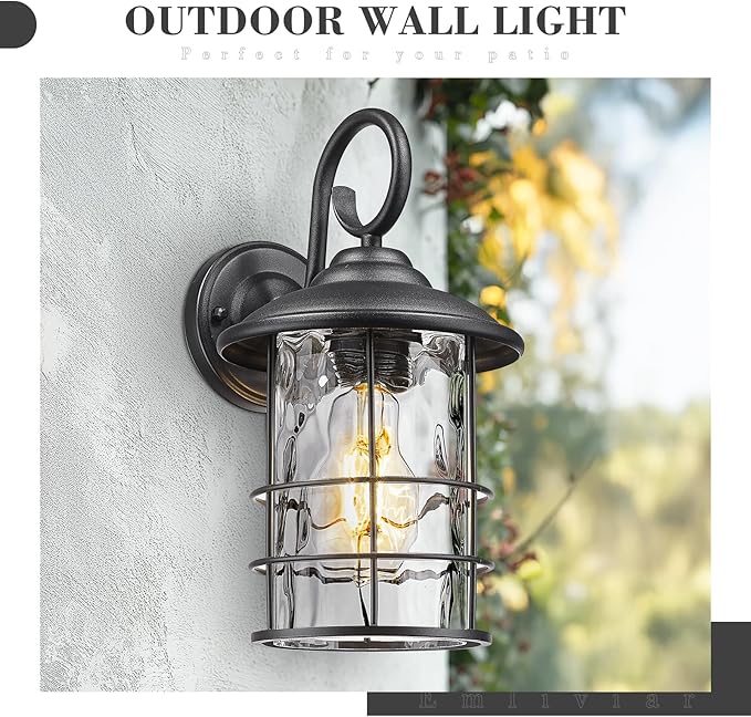 Emliviar 2 Pack Outdoor Black Wall Sconces with Water Ripple Glass, E26 Base, 12.5 Inch Front Door Vintage Wall Lighting for Entryway and Garden, 1803CW2-2PK-WG