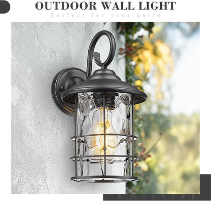 Emliviar 2 Pack Outdoor Black Wall Sconces with Water Ripple Glass, E26 Base, 12.5 Inch Front Door Vintage Wall Lighting for Entryway and Garden, 1803CW2-2PK-WG
