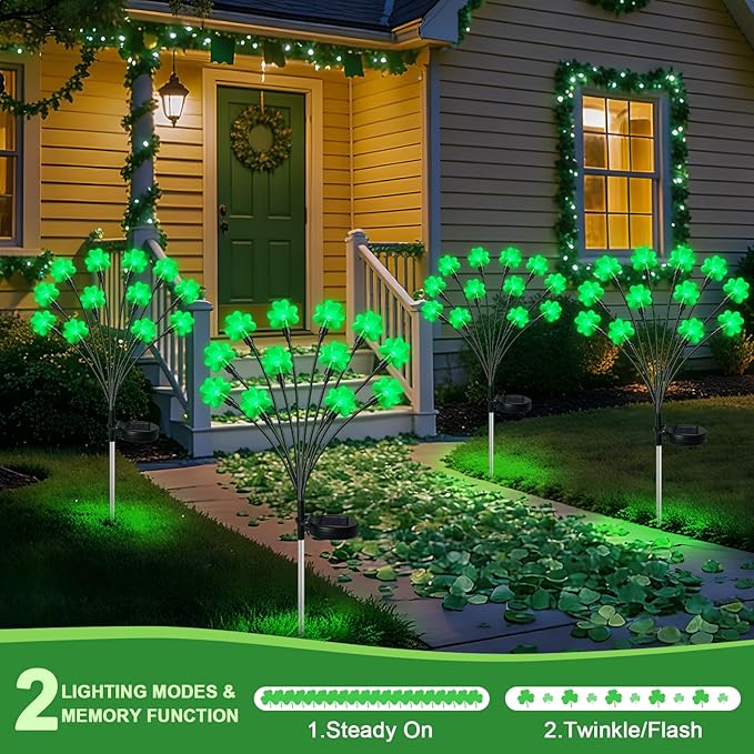 HELESIN St Patricks Day Decorations, 4 Pack St Patricks Day Outdoor Solar Lights with 2 Modes, Waterproof Shamrock | Lumora