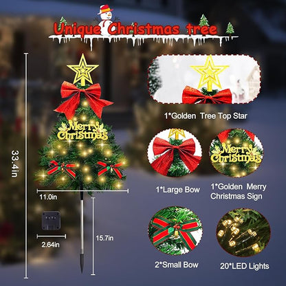 4 Pack Christmas Tree Solar Pathway Lights Outdoor Decorations, Waterproof Artificial Mini Xmas Tree Stake Lights with DIY Ornamets for Garden Yard Porch Decor (Green Tree)