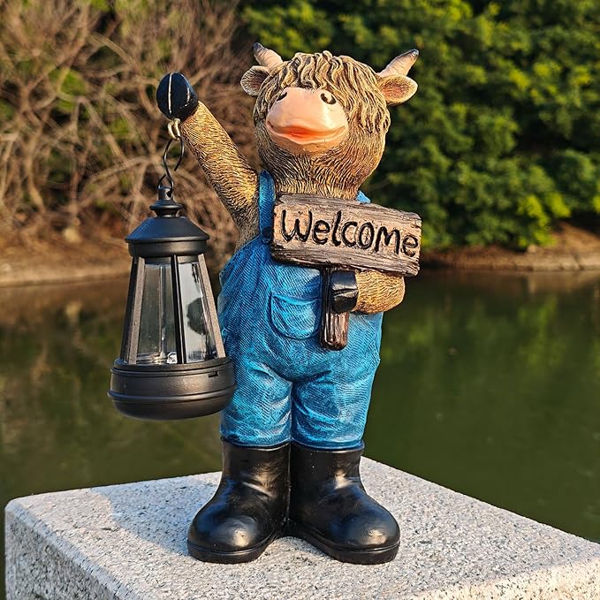 Solar Garden Statues -Highland Cow Lantern Outdoor Handmade Resin Statue with LED Light, and Welcome Holder for | Lumora