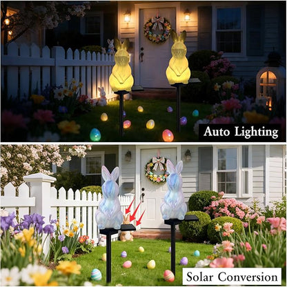 2 Pack Solar Easter Bunny Lights Outdoor, Waterproof Solar Easter Decorations Outdoor Bunny Rabbit Light Easters Yard Stakes Lights for Outside Lawn Walkway Patio (Blending Colors)