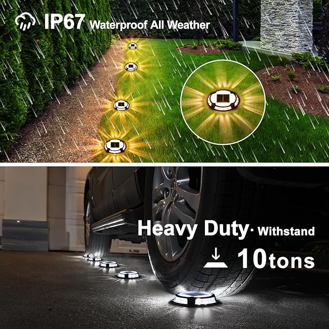 VOLISUN Solar Driveway Deck Lights Dock Marine Lights,16 Pack Solar Ground Light 2 Colors in 1 led Waterproof,Driveway Marker Light for Pathway Warning Step (White/Warm White),Auto On/Off
