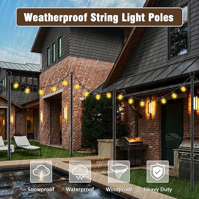 4 Pack 2.8 FT String Light Poles,Metal Lights Poles for Outdoor String Light, Rustproof Heavy Duty for Outside | Lumora
