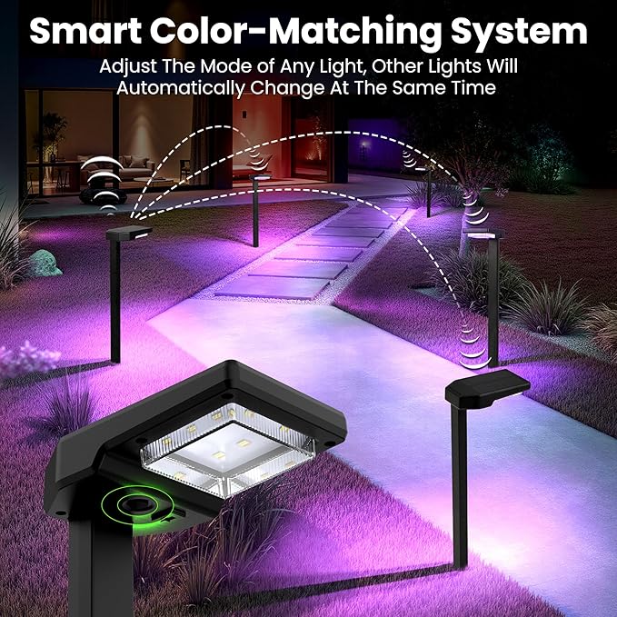 6 Pack Color Changing & Sync Smart Solar Pathway Lights, Solar Lights Outdoor Waterproof, 9 Modes (Warm White/Cool White/RGB) Landscape Lighting for Driveway, Walkway, Garden, Yard, Patio