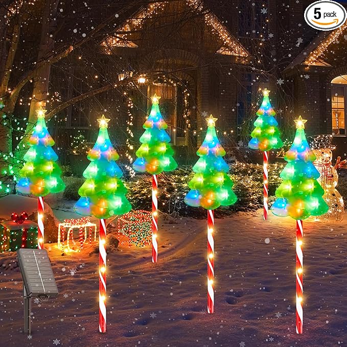 25" Larger Outdoor Christmas Decorations, 5 Pack Colorful Solar Candy Cane Christmas Tree Lights with 10 Lighting Modes and Bright 86 LED, Waterproof Solar Christmas Tree for Pathway Yard