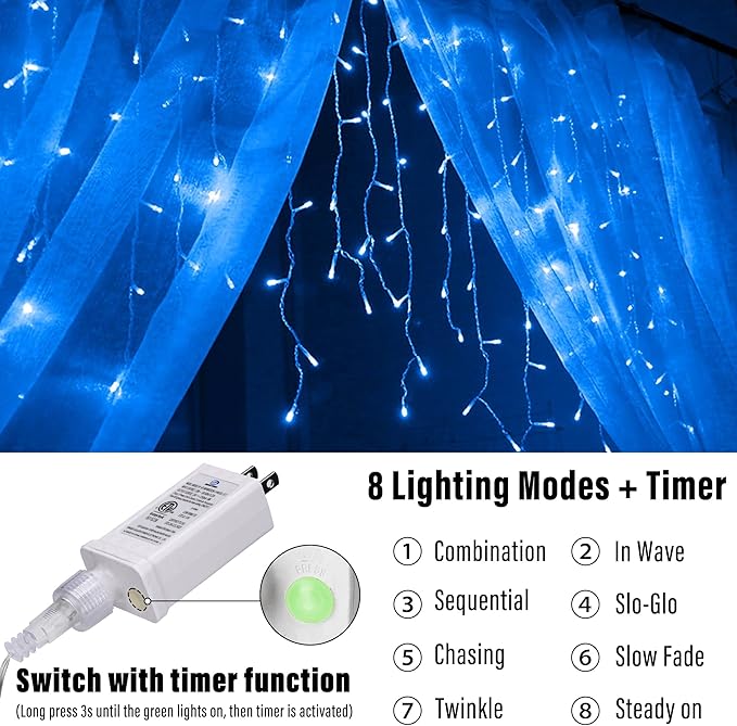 Joomer Christmas Icicle Lights - 33FT Plug in String Lights Waterproof, 8 Modes Timer Connectable Outdoor String Light for Christmas Party, Eaves, Roofs, Xmas Decorations (Blue)