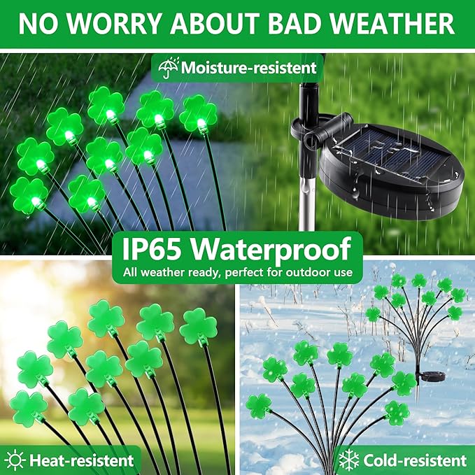 2 Pack St Patricks Day Decorations Solar Outdoor Lights, 18 LED Lucky Green Shamrock Irish Firefly Solar Lights, 2 Modes Waterproof St Patricks Day Light for Yard Garden Lawn Pathway Decor