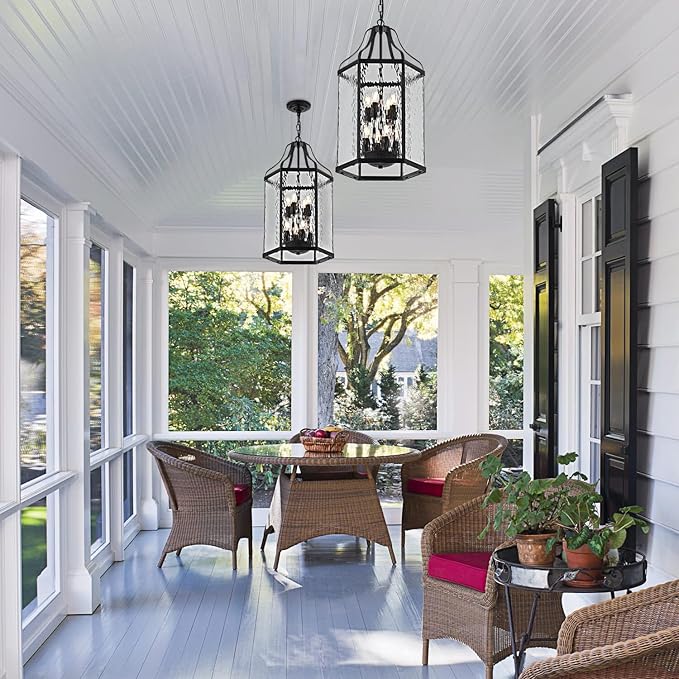 14" Modern 8-Light Exterior Black Lantern Pendant Light Fixture with Clear Rippled Glass Mini Industrial Hanging | Lumora