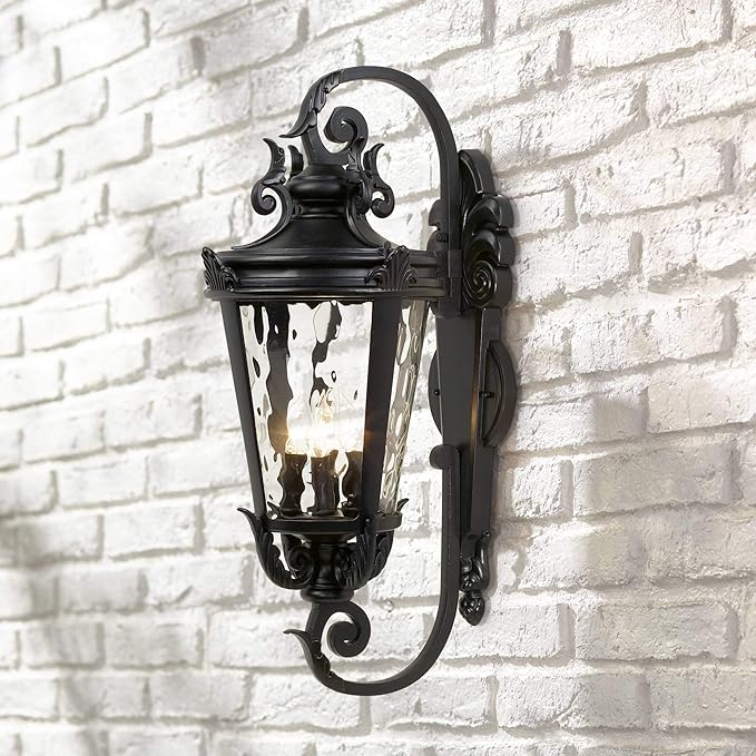 John Timberland Marseille Rustic Vintage Outdoor Wall Light Fixture Textured Black Scroll 27 1/2" Hammered Glass | Lumora