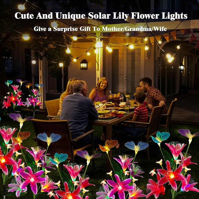 Solar Flower Lights Outdoor Garden Decor,2Pack Color Changing lilies flowers with Flying Butterfly and Bee,22LED Lily Solar Garden lights Outside for Path Yard Patio Lawn Party Mom day Decor