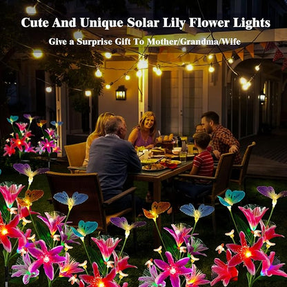 Solar Flower Lights Outdoor Garden Decor,2Pack Color Changing lilies flowers with Flying Butterfly and Bee,22LED Lily Solar Garden lights Outside for Path Yard Patio Lawn Party Mom day Decor
