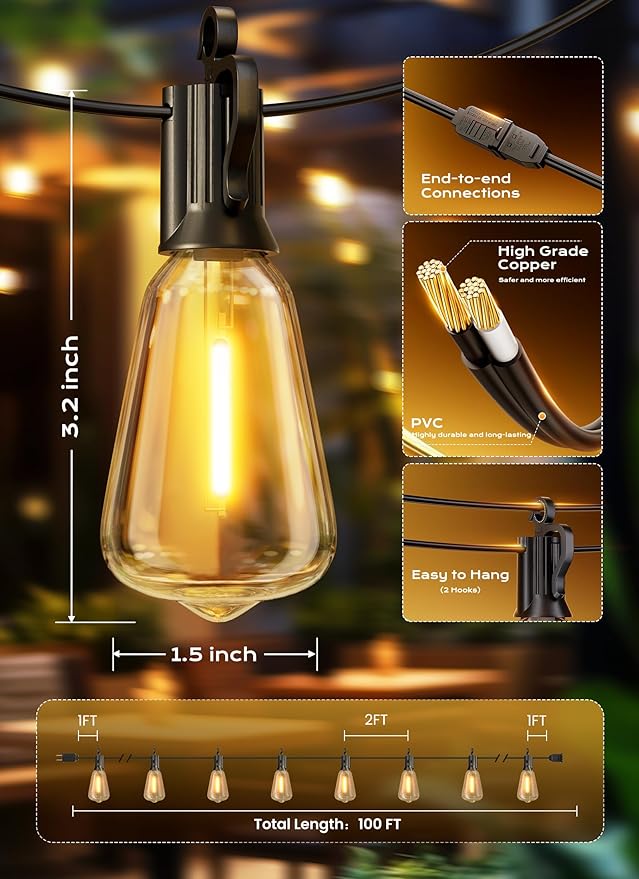Brightown Outdoor String Lights, 100FT 50+2 LED ST38 LED Patio Lights Shatterproof, Dimmable IP65 Waterproof | Lumora