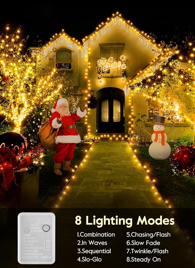 Minetom Christmas Lights, 128ft 400 LED Outdoor Christmas Tree Lights with Remote, 8 Modes String Lights Plug-in Mini Xmas Tree Lights with Timer for Outside Party Decor, Warm White
