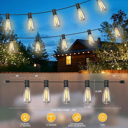 50FT Outdoor LED String Lights,Vintage ST40 LED Bulbs (25+2 Spare),Shatterproof Plastic,E17 Socket,2700K Warm White-Ideal for Patio,Porch,Deck,Gazebo,Bistro,Backyard,Wedding&Party Décor