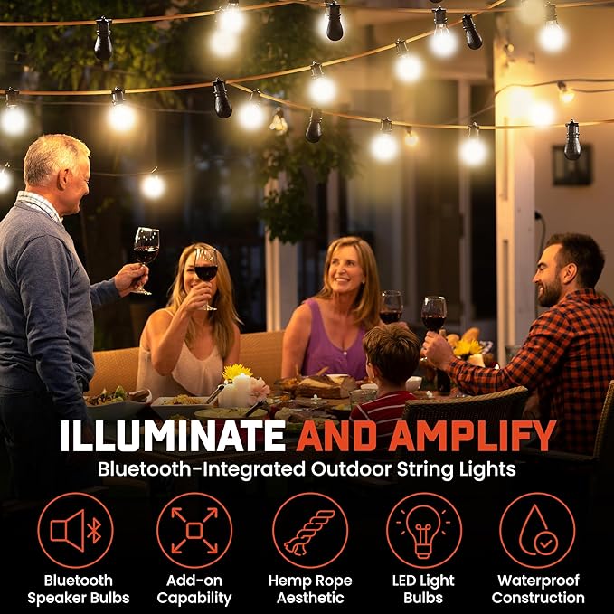 Freespirit Recreation 16.5FT Waterproof Outdoor String Lights - 3 Bluetooth Speaker Outdoor Party Lights with 7 LED Light Bulbs - Perfect for 12V DC, Hanging Lights for Outside Deck Porch & More