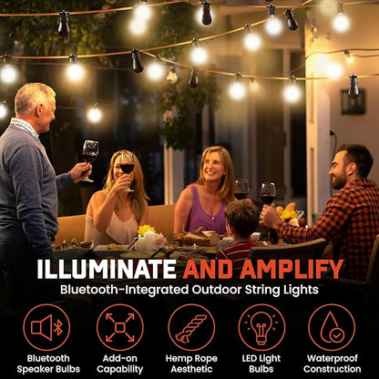 Freespirit Recreation 16.5FT Waterproof Outdoor String Lights - 3 Bluetooth Speaker Outdoor Party Lights with 7 LED Light Bulbs - Perfect for 12V DC, Hanging Lights for Outside Deck Porch & More