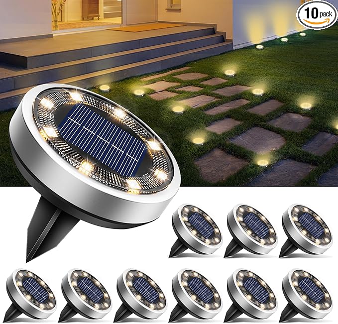 btfarm 10 Pack Solar Ground Lights Outdoor, 8 LED Solar Disc Lights IP65 Waterproof Flat Solar Light, Pathway | Lumora