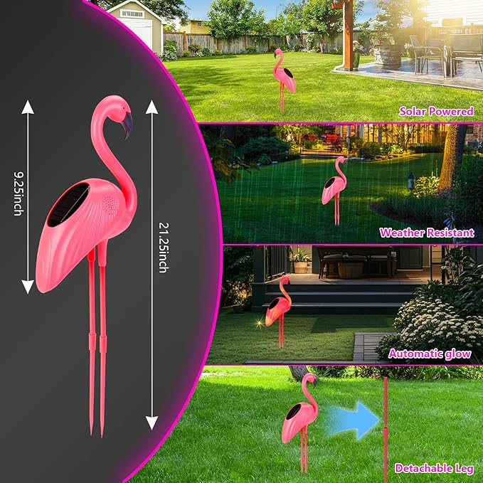 Solar Flamingo Lights 2 Pcs, Home Flamingo Ornament Light, Outdoor Decor Light for Lawns, Patios, Backyards, Pathways, Garden, Flamingo Decorations for Wedding, Christmas, Valentine, Gift for Women