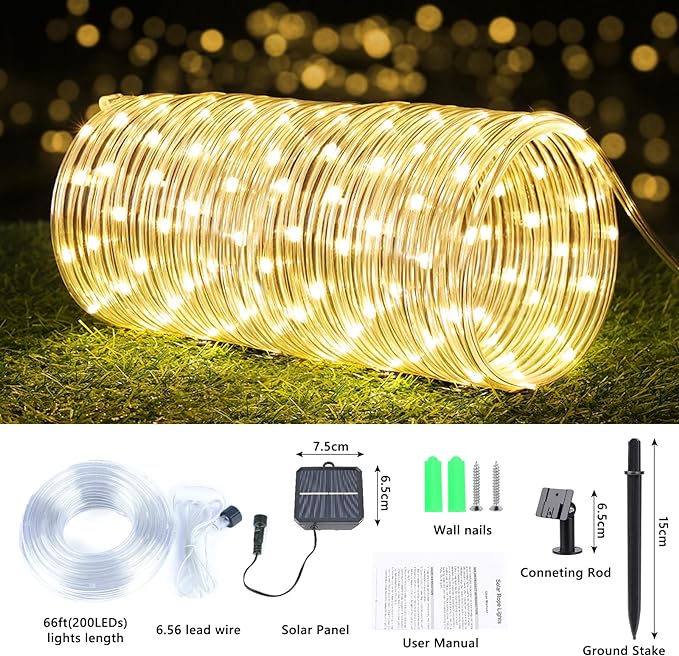 Solar Rope Lights, 2 Packs Total 132ft 400LED Solar String Lights, 8 Modes Waterproof Solar Powered Outdoor Light, Flexible Clear Tube Light for Garden Backyard Patio Deck Pool Tree Decor - Warm White