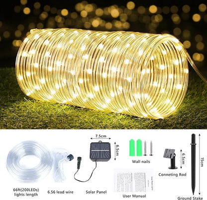 Solar Rope Lights, 2 Packs Total 132ft 400LED Solar String Lights, 8 Modes Waterproof Solar Powered Outdoor Light, Flexible Clear Tube Light for Garden Backyard Patio Deck Pool Tree Decor - Warm White