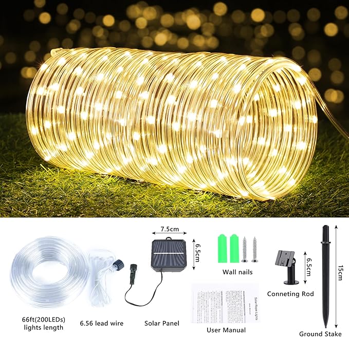 Solar Rope Lights, 66ft 200LED Solar String Lights, 8 Modes Waterproof Solar Powered Outdoor Light, Flexible Clear Tube Light for Garden, Backyard, Patio, Deck, Porch, Pool, Tree Decor - Warm White