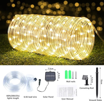 Solar Rope Lights, 66ft 200LED Solar String Lights, 8 Modes Waterproof Solar Powered Outdoor Light, Flexible Clear Tube Light for Garden, Backyard, Patio, Deck, Porch, Pool, Tree Decor - Warm White