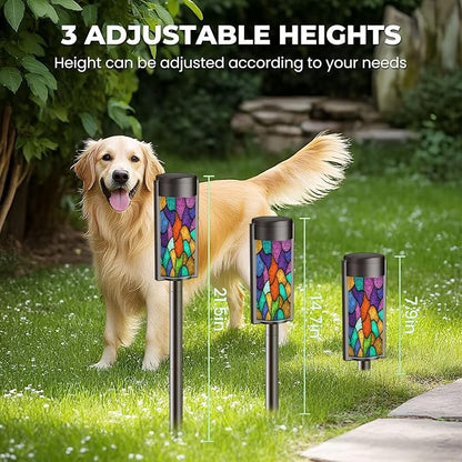4 Pack Solar Pathway Lights Outdoor Waterproof Sketch Colorful Stained Glass Window Abstract Stained Glass Art Solar Garden Lights LED Landscape Lighting for Yard Walkway Lawn Garden Decor